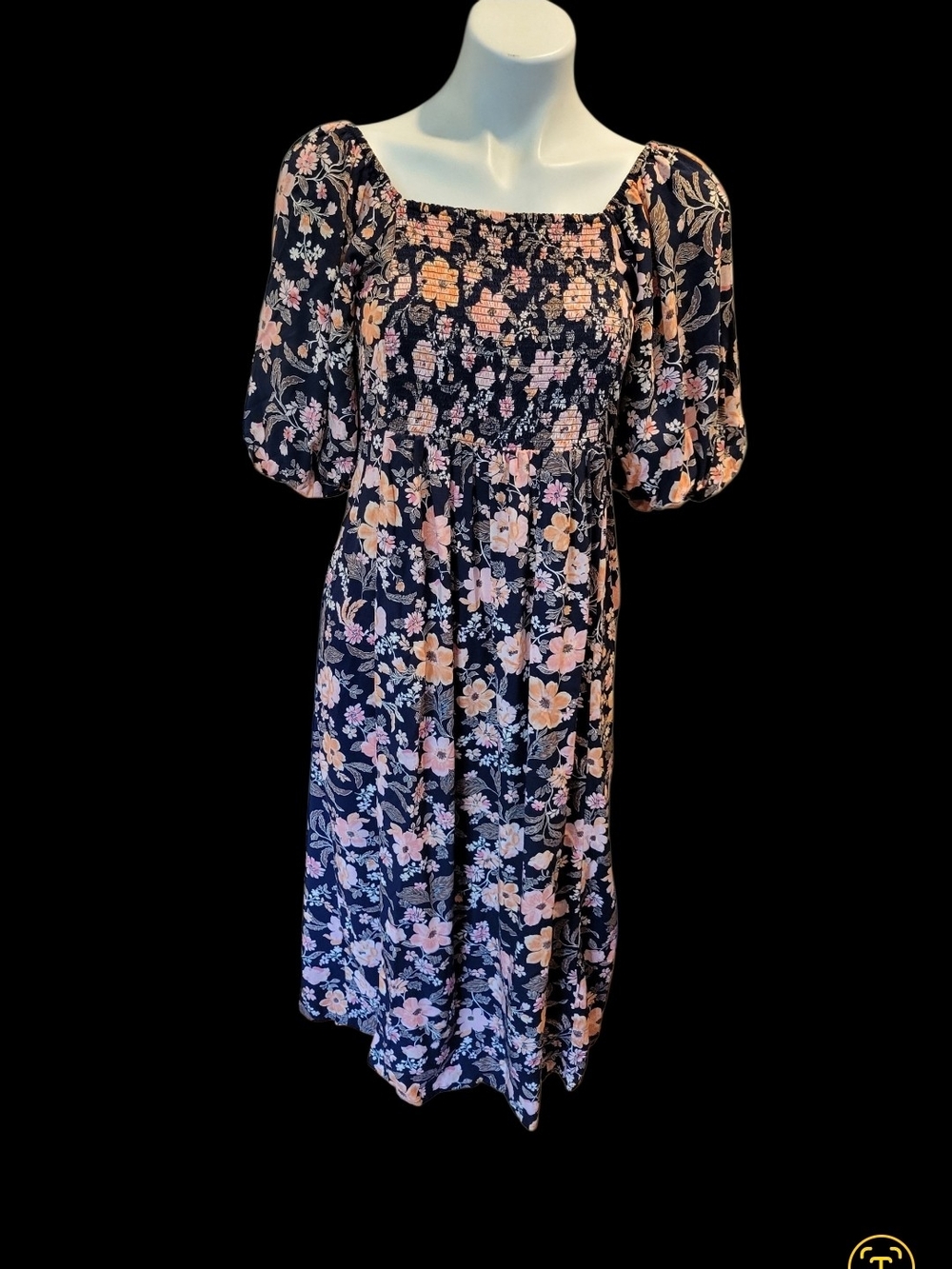 Old Navy Navy Floral Smocked Dress with Pink Accents